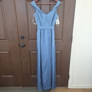 David's Bridal Blue Pleated Tie Front Maxi Dress